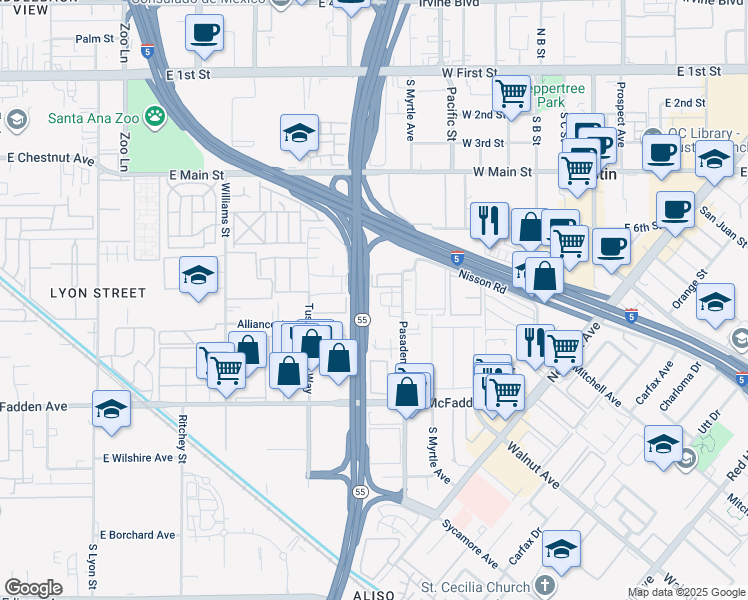 map of restaurants, bars, coffee shops, grocery stores, and more near 15552 Boleyn Circle in Tustin