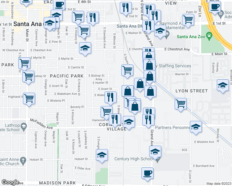map of restaurants, bars, coffee shops, grocery stores, and more near 805 South Minnie Street in Santa Ana