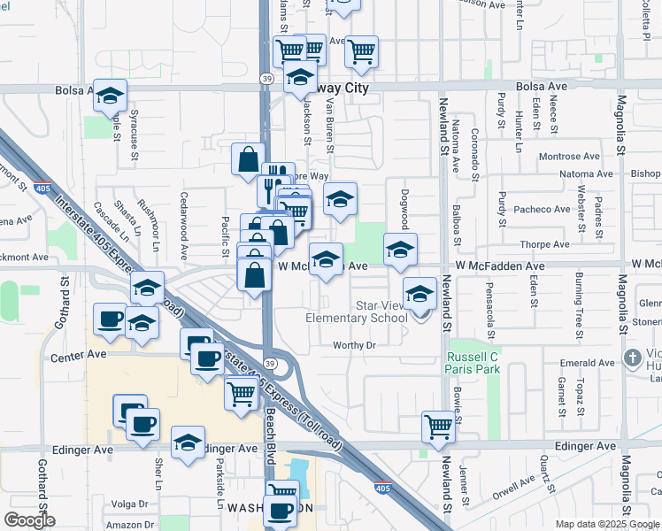 map of restaurants, bars, coffee shops, grocery stores, and more near 15432 Jackson Street in Midway City