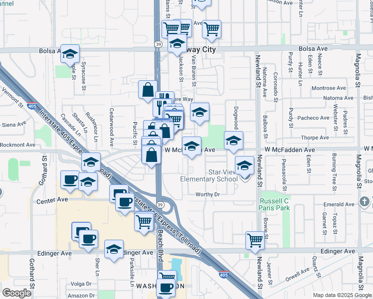 map of restaurants, bars, coffee shops, grocery stores, and more near 15432 Jackson Street in Midway City