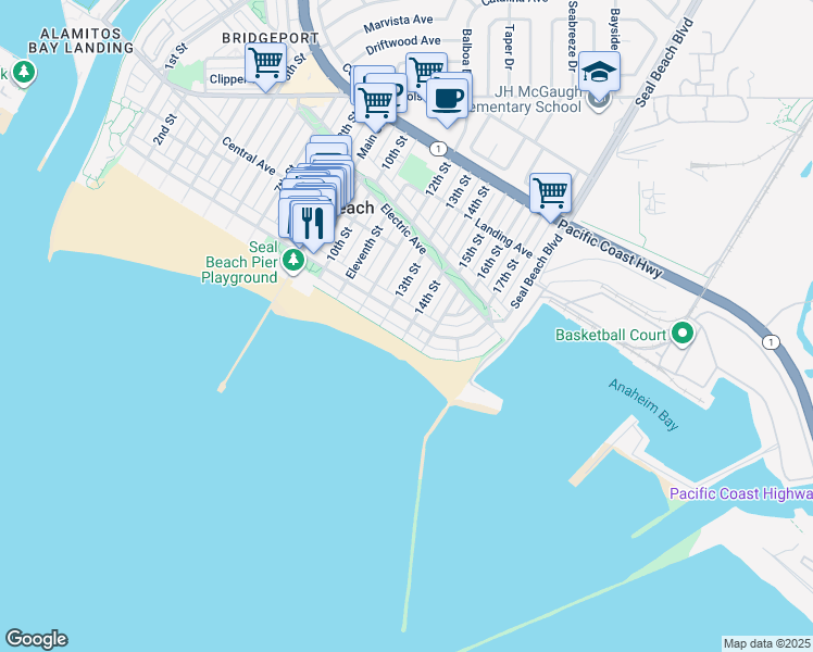 map of restaurants, bars, coffee shops, grocery stores, and more near 10 13th Street in Seal Beach