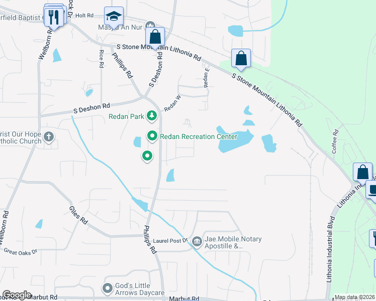 map of restaurants, bars, coffee shops, grocery stores, and more near 6372 Princeton Ridge Drive in Lithonia
