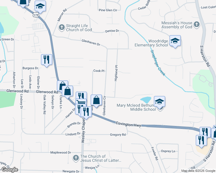 map of restaurants, bars, coffee shops, grocery stores, and more near 1804 Glenhaven Circle in Decatur