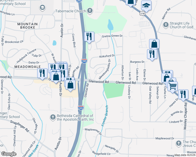 map of restaurants, bars, coffee shops, grocery stores, and more near 105 Glen Acres Court in Decatur