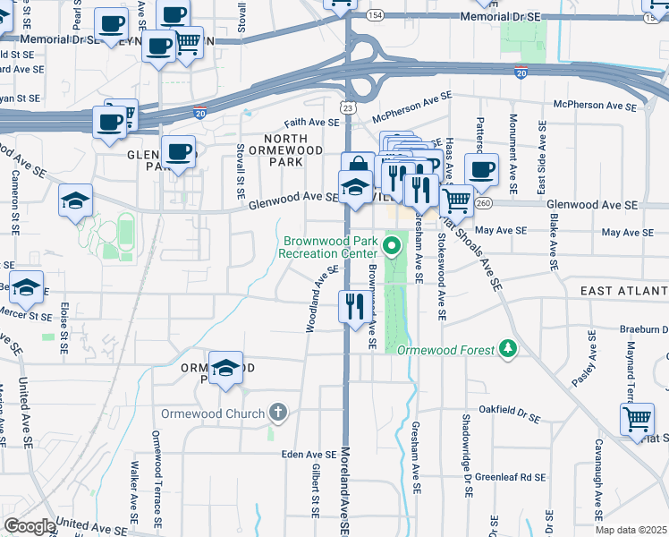map of restaurants, bars, coffee shops, grocery stores, and more near 591 Moreland Avenue Southeast in Atlanta