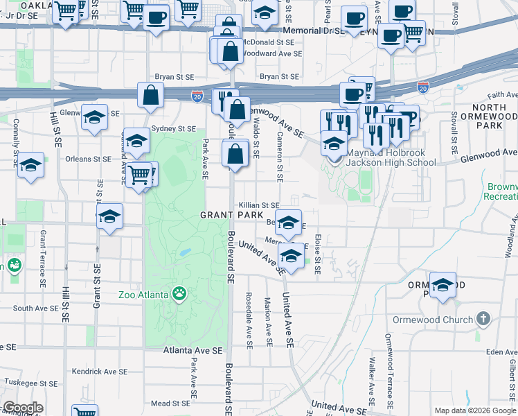 map of restaurants, bars, coffee shops, grocery stores, and more near 658 Killian Street Southeast in Atlanta