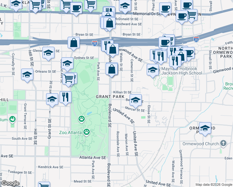 map of restaurants, bars, coffee shops, grocery stores, and more near 620 Killian Street Southeast in Atlanta