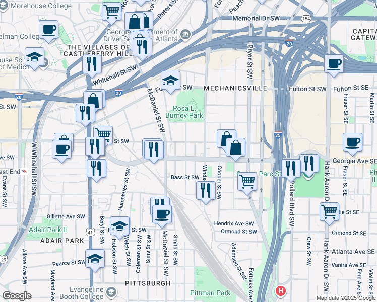 map of restaurants, bars, coffee shops, grocery stores, and more near 340 Glenn Street Southwest in Atlanta