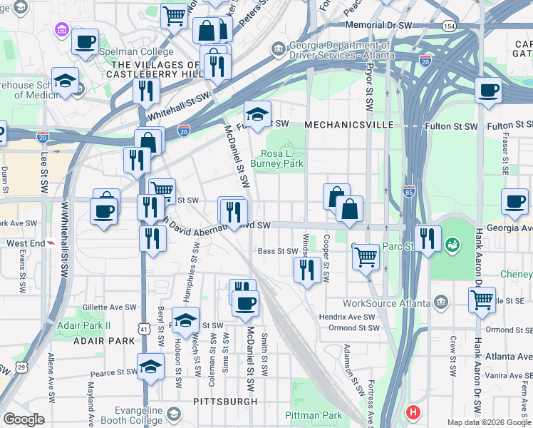 map of restaurants, bars, coffee shops, grocery stores, and more near 380 Glenn Street Southwest in Atlanta