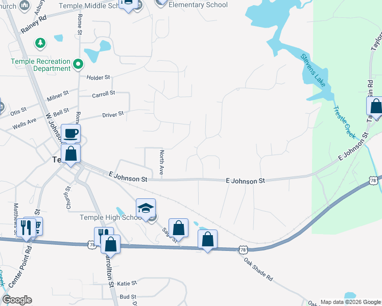 map of restaurants, bars, coffee shops, grocery stores, and more near 301 Sue Court in Temple