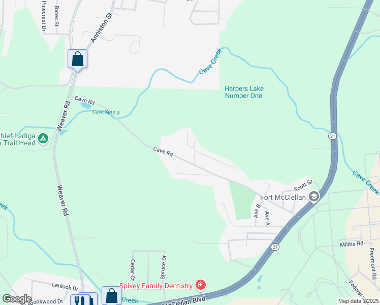 map of restaurants, bars, coffee shops, grocery stores, and more near 65 Goat Farm Road in Anniston