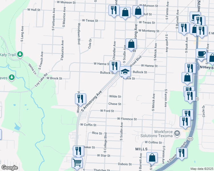 map of restaurants, bars, coffee shops, grocery stores, and more near 1725 South Armstrong Avenue in Denison