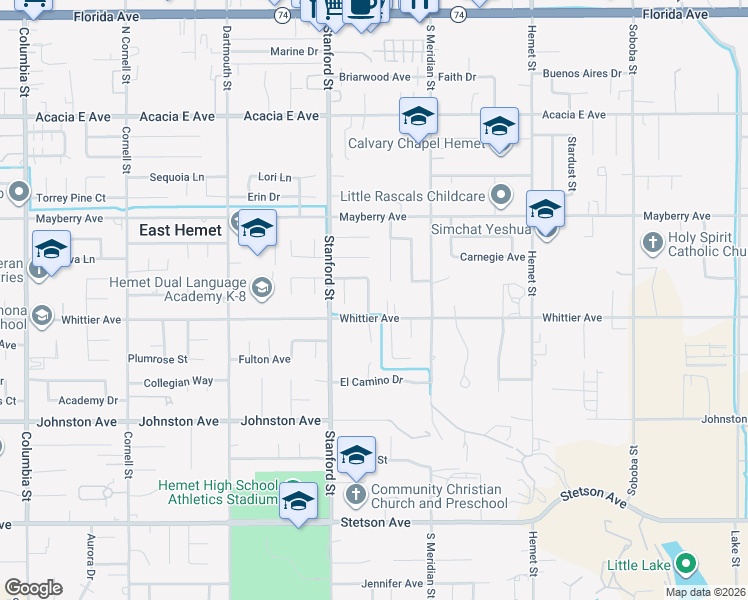 map of restaurants, bars, coffee shops, grocery stores, and more near 26458 Larkspur Street in Hemet