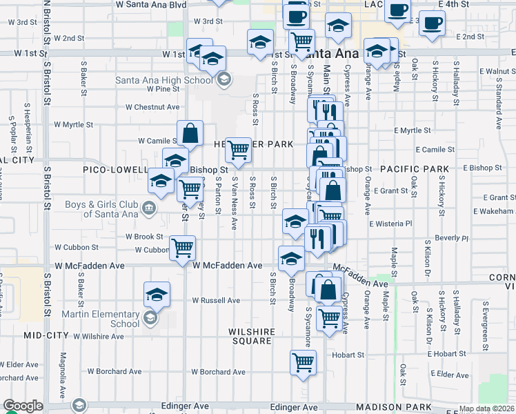 map of restaurants, bars, coffee shops, grocery stores, and more near 708 South Birch Street in Santa Ana