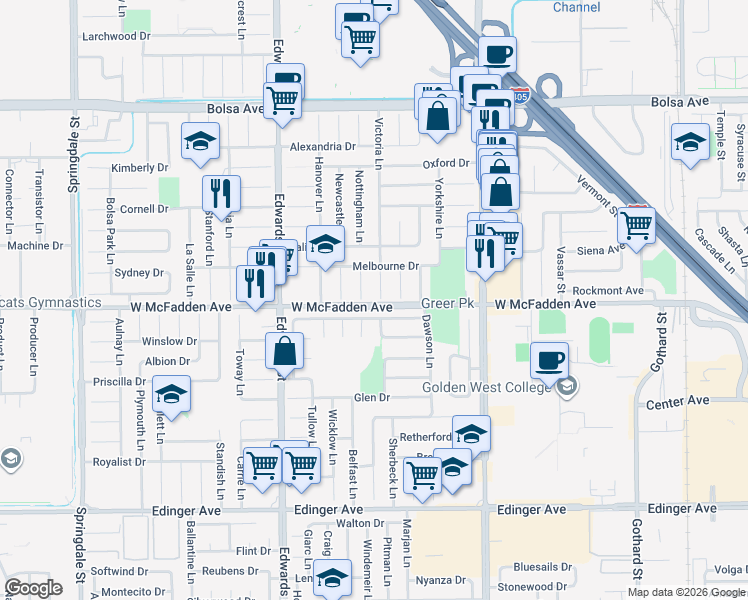 map of restaurants, bars, coffee shops, grocery stores, and more near 15432 Victoria Lane in Huntington Beach