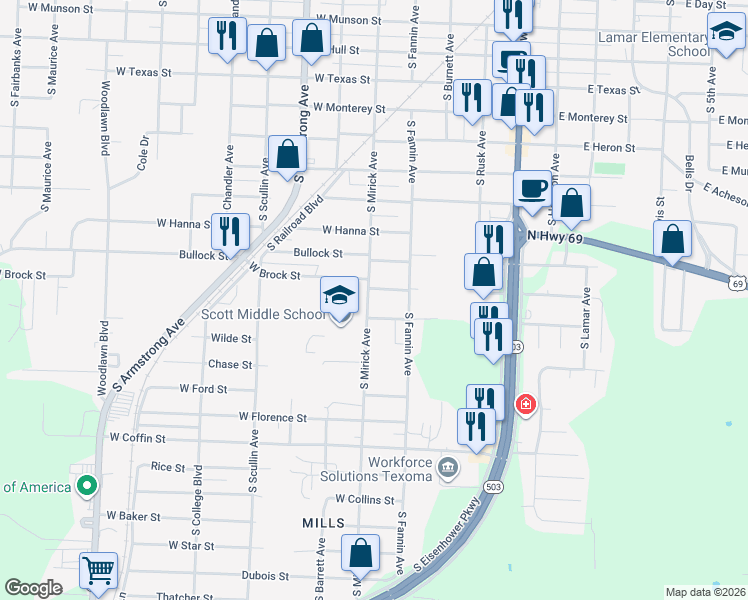map of restaurants, bars, coffee shops, grocery stores, and more near 517 West Brock Street in Denison