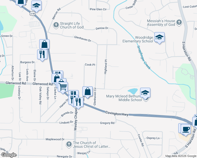 map of restaurants, bars, coffee shops, grocery stores, and more near 1804 Glenhaven Circle in Decatur