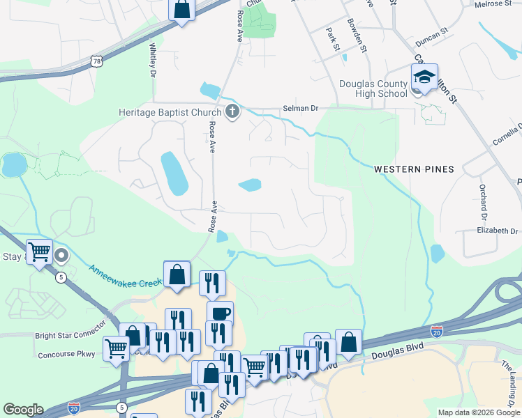 map of restaurants, bars, coffee shops, grocery stores, and more near 6861 Fairways Drive in Douglasville