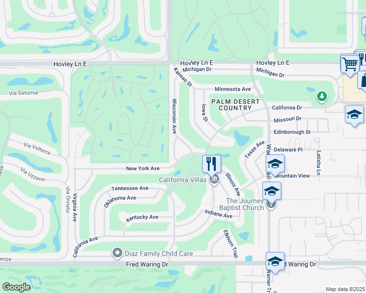 map of restaurants, bars, coffee shops, grocery stores, and more near 42915 Wisconsin Avenue in Palm Desert