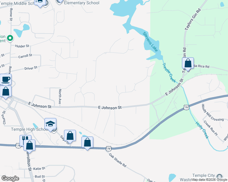 map of restaurants, bars, coffee shops, grocery stores, and more near 148 Waters Edge Parkway in Temple