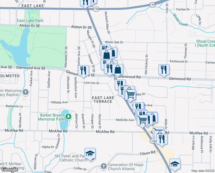 map of restaurants, bars, coffee shops, grocery stores, and more near 1845 Cannon Street in Decatur
