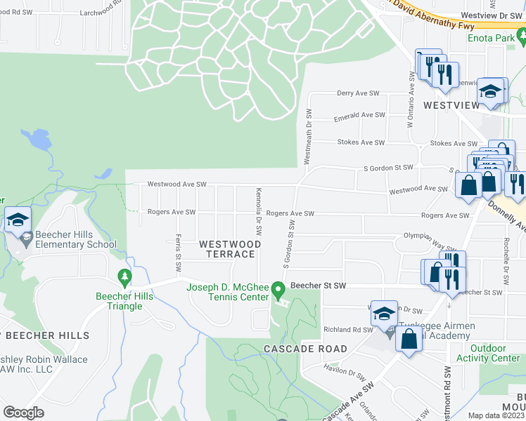 map of restaurants, bars, coffee shops, grocery stores, and more near 644 Kennolia Drive Southwest in Atlanta