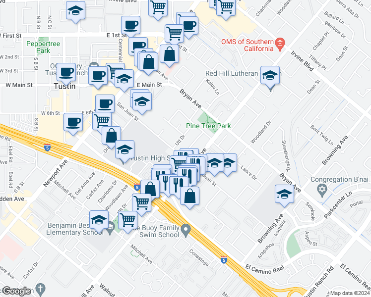 map of restaurants, bars, coffee shops, grocery stores, and more near 13691 Green Valley Drive in Tustin
