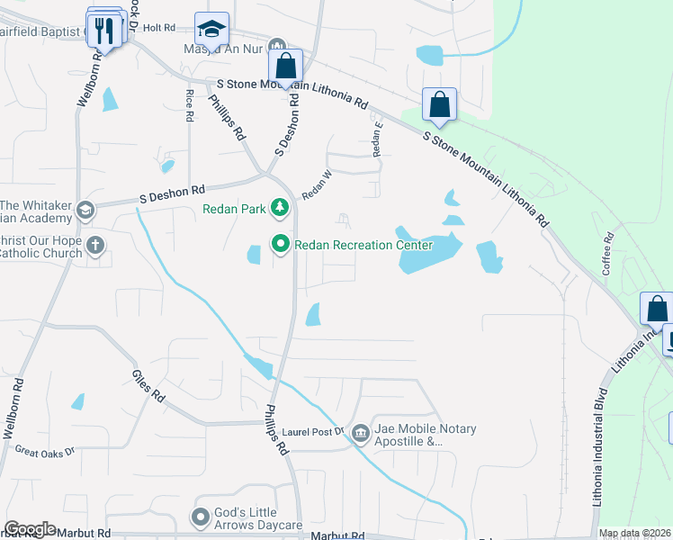 map of restaurants, bars, coffee shops, grocery stores, and more near 6392 Shalks Crossing Drive in Lithonia