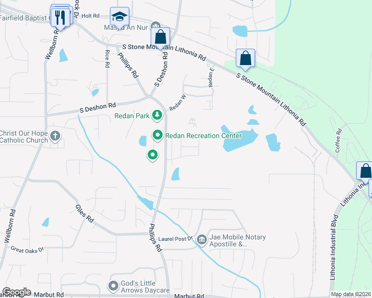map of restaurants, bars, coffee shops, grocery stores, and more near 6392 Shalks Crossing Drive in Lithonia