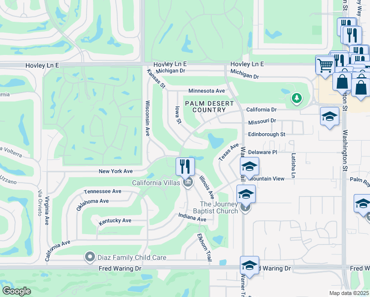 map of restaurants, bars, coffee shops, grocery stores, and more near 77195 California Drive in Palm Desert