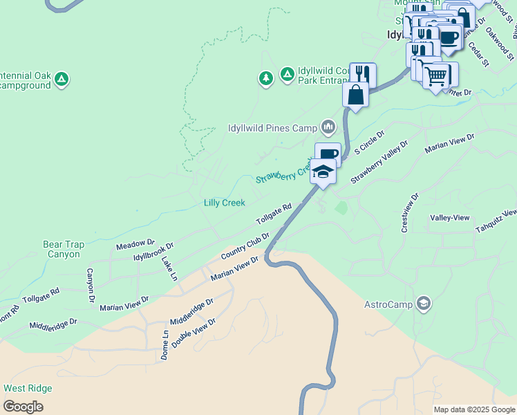map of restaurants, bars, coffee shops, grocery stores, and more near 53705 Idyllbrook Drive in Idyllwild-Pine Cove