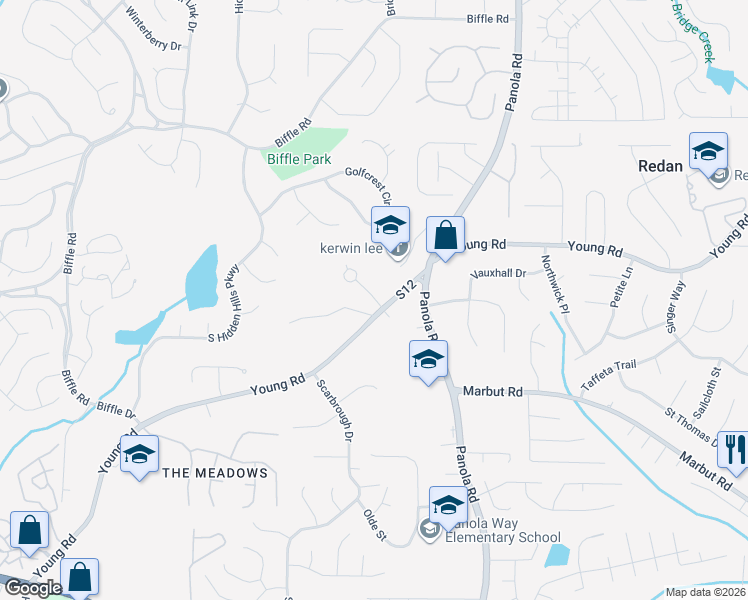 map of restaurants, bars, coffee shops, grocery stores, and more near 2223 Young Road in Stone Mountain