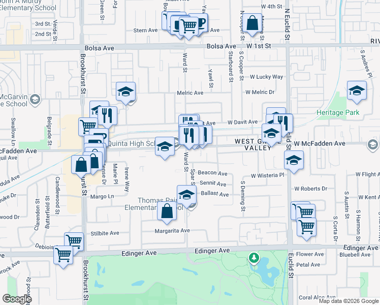 map of restaurants, bars, coffee shops, grocery stores, and more near 10571 West McFadden Avenue in Garden Grove