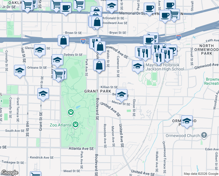 map of restaurants, bars, coffee shops, grocery stores, and more near 658 Killian Street Southeast in Atlanta