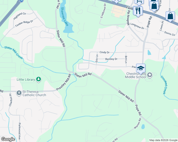 map of restaurants, bars, coffee shops, grocery stores, and more near 2539 Slater Mill Road in Douglasville