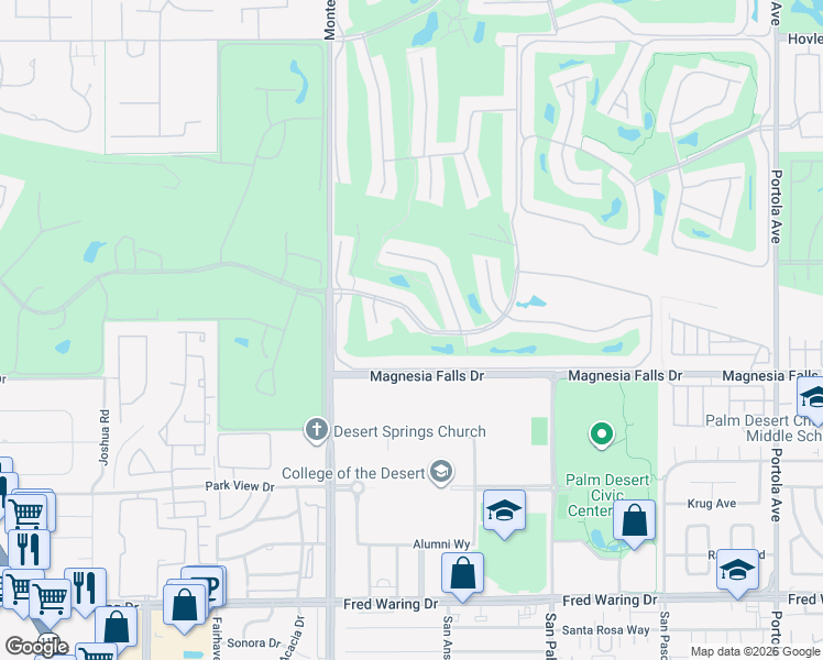map of restaurants, bars, coffee shops, grocery stores, and more near 171 Gran Via in Palm Desert