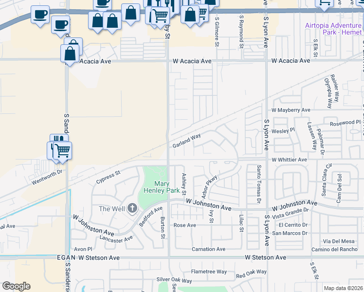 map of restaurants, bars, coffee shops, grocery stores, and more near 2425 Garland Way in Hemet