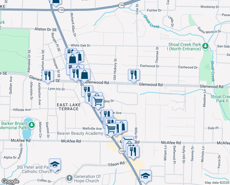 map of restaurants, bars, coffee shops, grocery stores, and more near 2802 Glenvalley Drive in Decatur