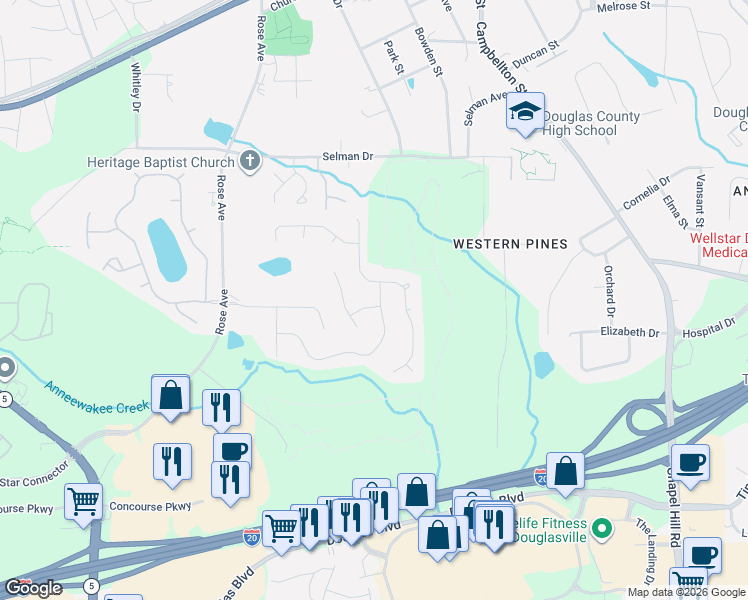 map of restaurants, bars, coffee shops, grocery stores, and more near 8949 Western Pines Drive in Douglasville