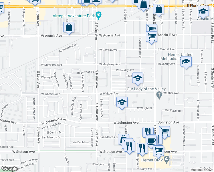 map of restaurants, bars, coffee shops, grocery stores, and more near 696 Ironwood Street in Hemet