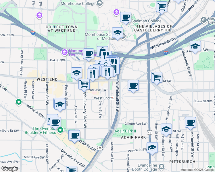 map of restaurants, bars, coffee shops, grocery stores, and more near 629 Lee Street Southwest in Atlanta