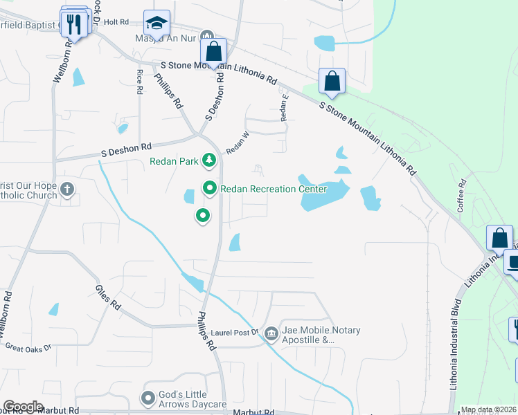 map of restaurants, bars, coffee shops, grocery stores, and more near 6372 Princeton Ridge Drive in Lithonia