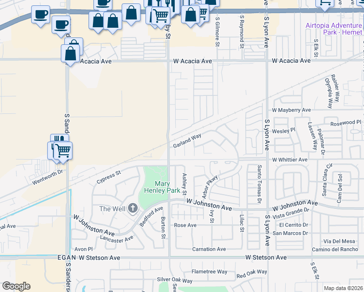 map of restaurants, bars, coffee shops, grocery stores, and more near 2425 Garland Way in Hemet