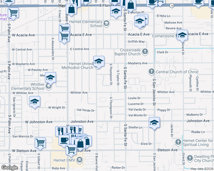 map of restaurants, bars, coffee shops, grocery stores, and more near 527 Fern Place in Hemet