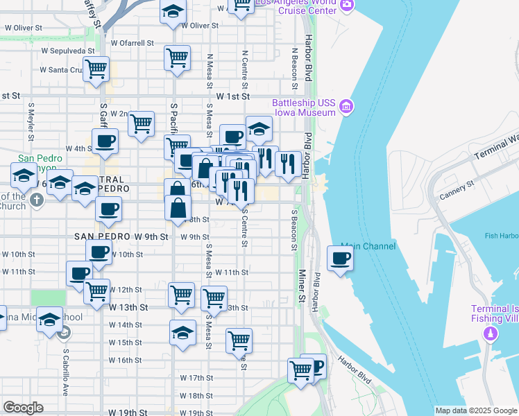 map of restaurants, bars, coffee shops, grocery stores, and more near 255 West 7th Street in Los Angeles