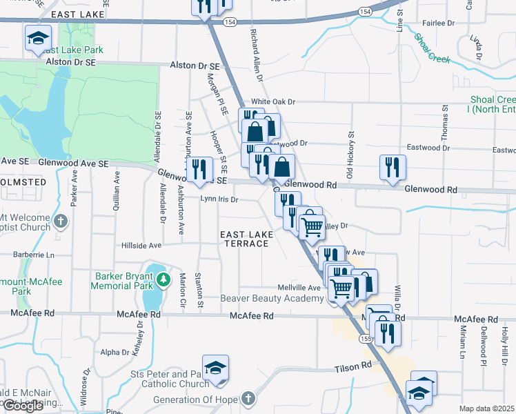 map of restaurants, bars, coffee shops, grocery stores, and more near 2462 Lynn Iris Drive in Decatur