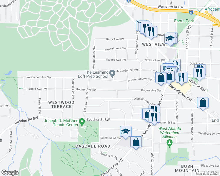 map of restaurants, bars, coffee shops, grocery stores, and more near 1709 Rogers Avenue Southwest in Atlanta
