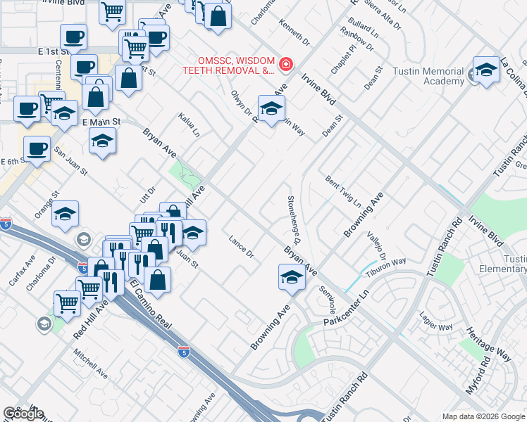 map of restaurants, bars, coffee shops, grocery stores, and more near 1701 Saybrook Lane in Tustin