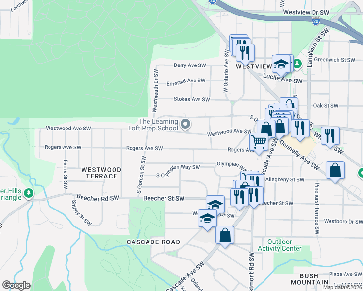 map of restaurants, bars, coffee shops, grocery stores, and more near 1720 Westwood Avenue Southwest in Atlanta