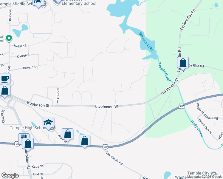 map of restaurants, bars, coffee shops, grocery stores, and more near 148 Waters Edge Parkway in Temple